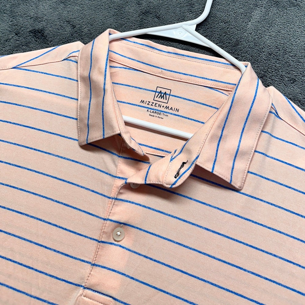 Mizzen+Main Polo Shirt Mens XL Peach Blue Striped Trim Fit Performance Golf